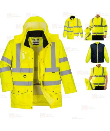 Parka 7 en 1 transpirable y de alta visibilidad color amarillo flúor