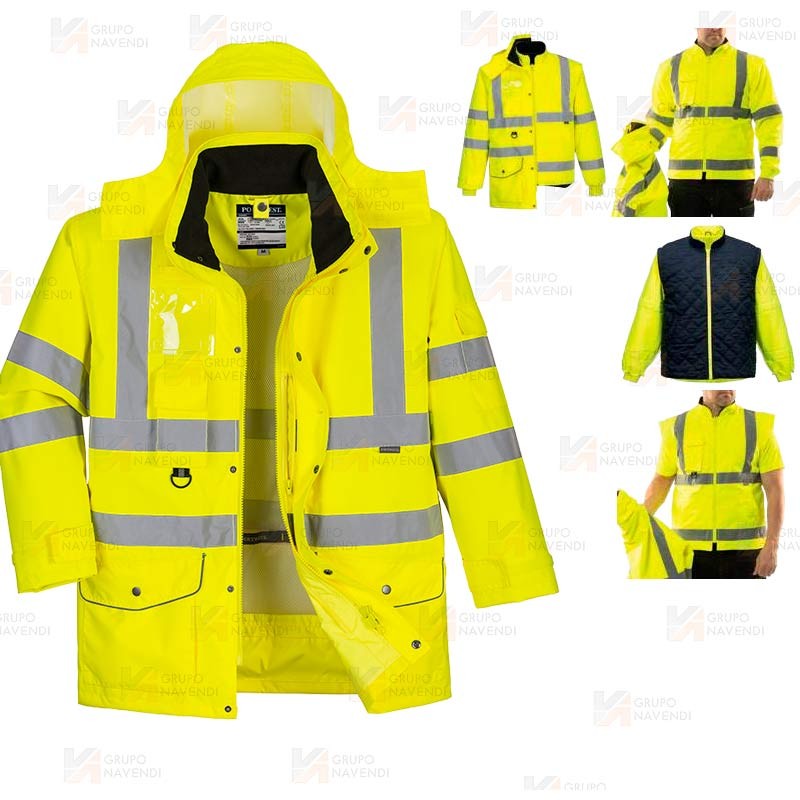 Parka 7 en 1 transpirable y de alta visibilidad color amarillo flúor