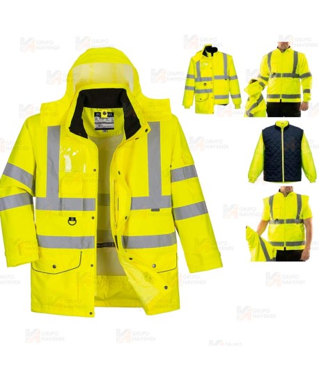 Parka 7 en 1 transpirable y de alta visibilidad color amarillo flúor