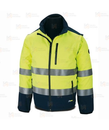Cazadora softshell, bicolor, tricapa y desmontable en alta visibilidad marino/amarillo flúor