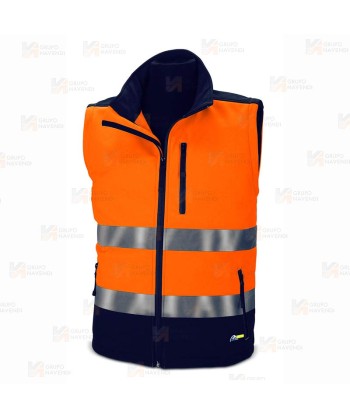 Cazadora softshell, bicolor, tricapa y desmontable en alta visibilidad marino/naranja flúor