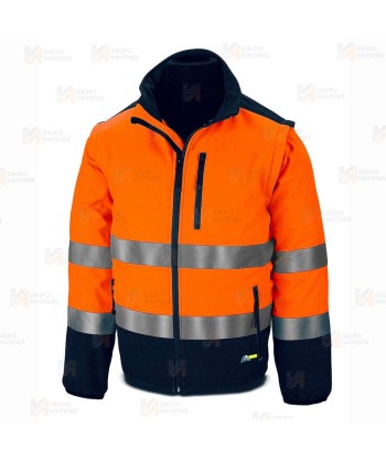 Cazadora softshell, bicolor, tricapa y desmontable en alta visibilidad marino/naranja flúor