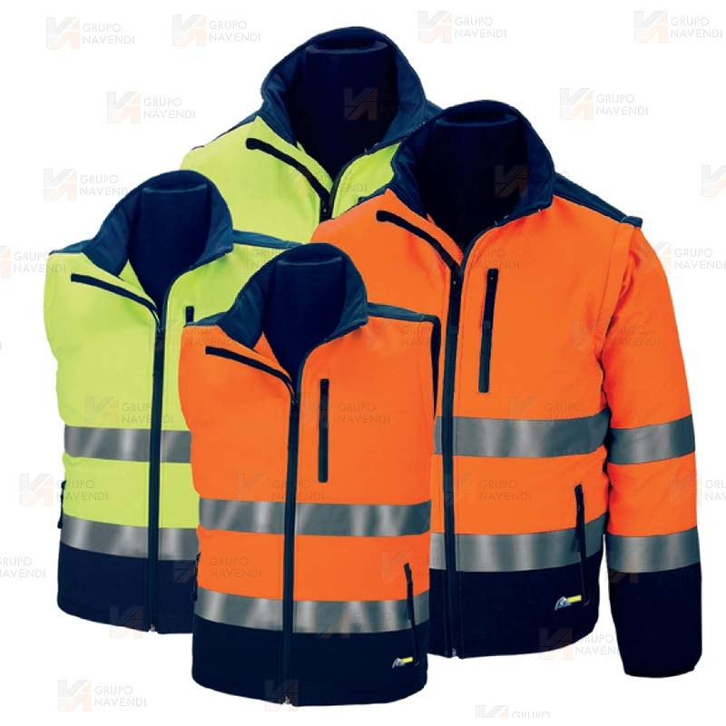 Cazadora softshell, bicolor, tricapa y desmontable en alta visibilidad marino/amarillo flúor