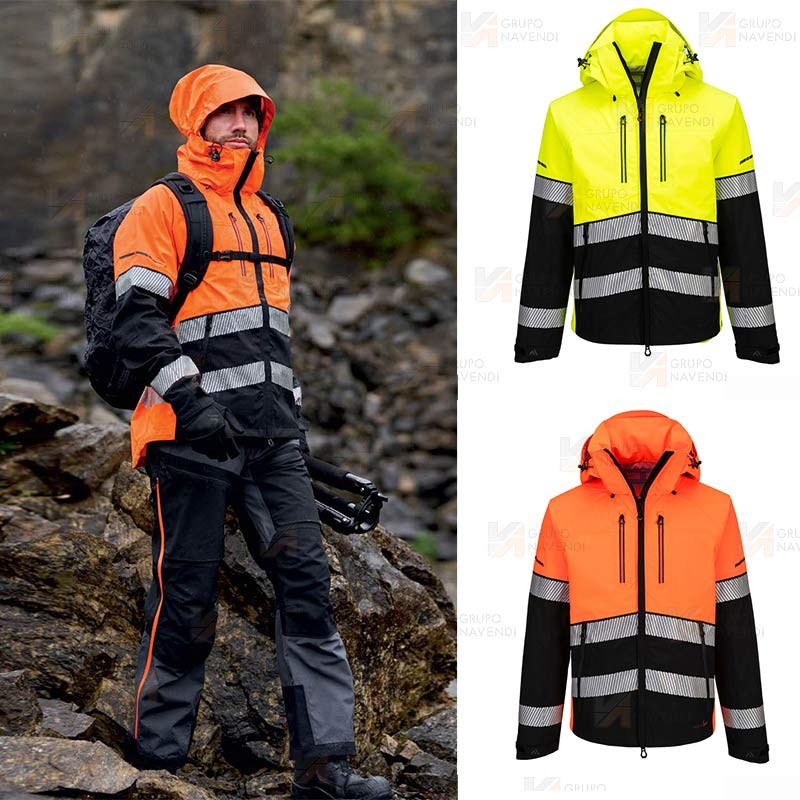Chubasquero de alta visibilidad con membrana impermeable y transpirable con cintas segmentadas