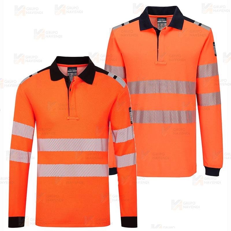 Polo ignífugo Modaflame de alta visibilidad y multinorma color naranja flúor y azul marino