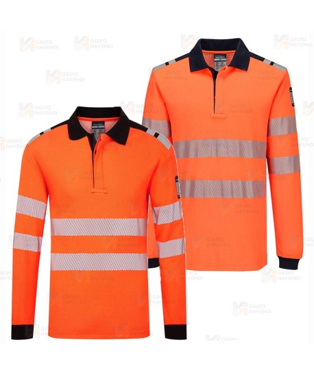Polo ignífugo Modaflame de alta visibilidad y multinorma color naranja flúor y azul marino