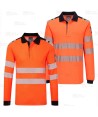 Polo ignífugo Modaflame de alta visibilidad y multinorma color naranja flúor y azul marino