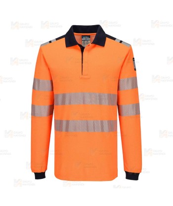 Polo ignífugo Modaflame de alta visibilidad y multinorma color naranja flúor y azul marino