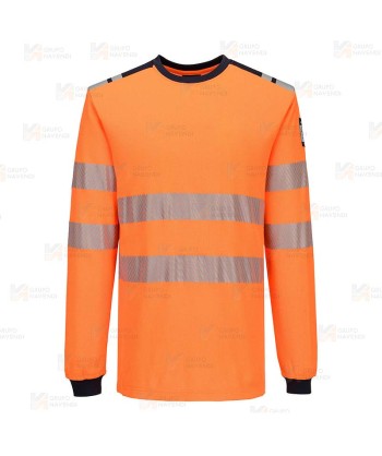 Camiseta ignífuga Modaflame de alta visibilidad y multinorma color naranja flúor y azul marino
