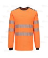 Camiseta ignífuga Modaflame de alta visibilidad y multinorma color naranja flúor y azul marino