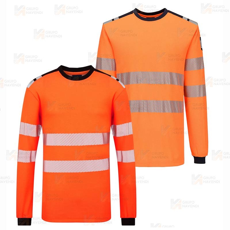 Camiseta ignífuga Modaflame de alta visibilidad y multinorma color naranja flúor y negro
