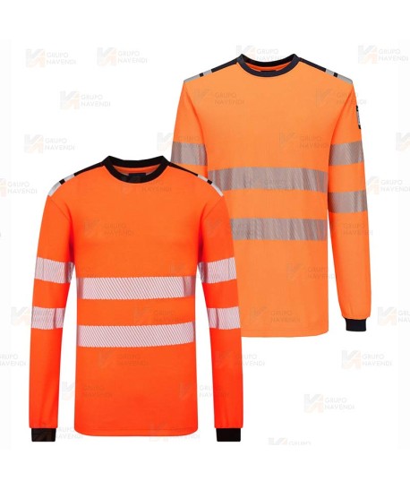 Camiseta ignífuga Modaflame de alta visibilidad y multinorma color naranja flúor y negro