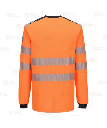 Camiseta ignífuga Modaflame de alta visibilidad y multinorma color naranja flúor y azul marino