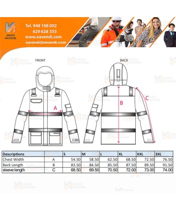 Parka ignífuga con forro, impermeable, transpirable y multinorma
