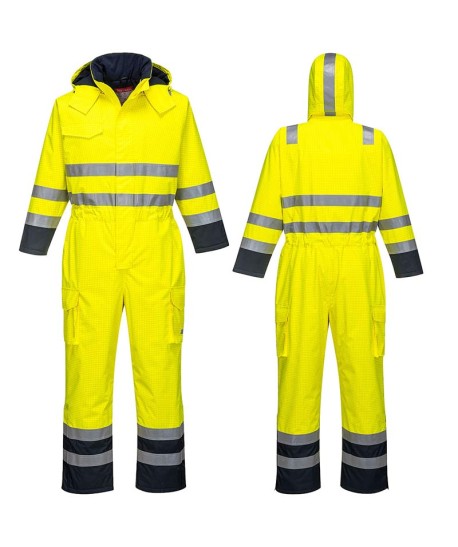Buzo ignífugo e impermeable de alta visibilidad acolchado 520 gr y multinorma. color amarillo flúor