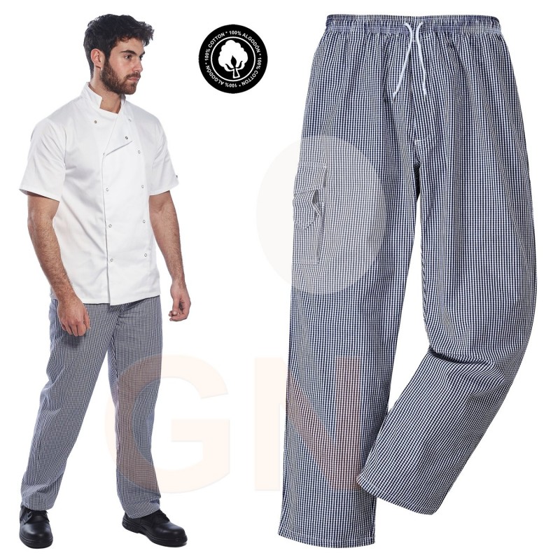 Pantalón de cocina de algodón de cuadritos azules