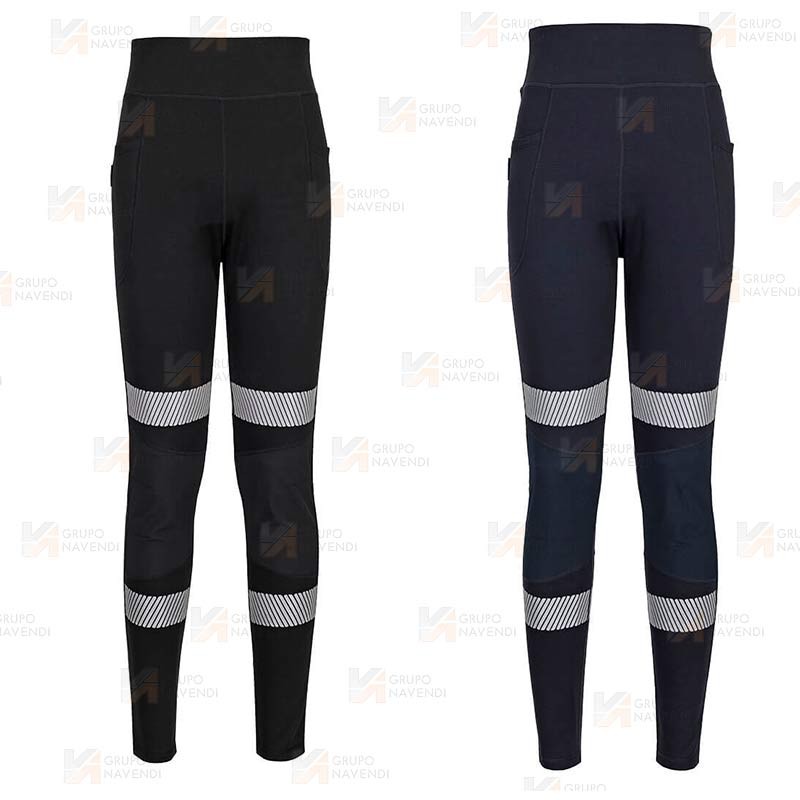 Pantalón laboral, elástico muy ajustado con cintas reflectantes para mujer color azul marino