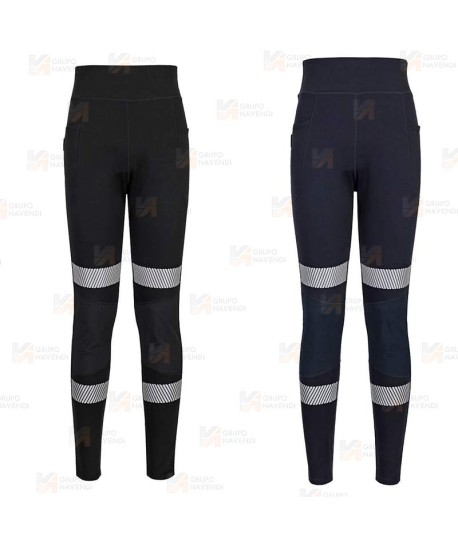 Pantalón laboral, elástico muy ajustado con cintas reflectantes para mujer color azul marino