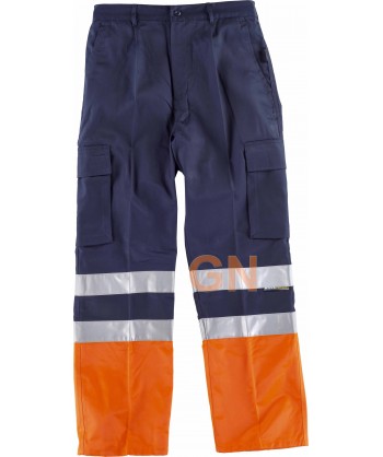 Pantalón bicolor multibolsillos con refuerzos de alta visibilidad marino/naranja flúor