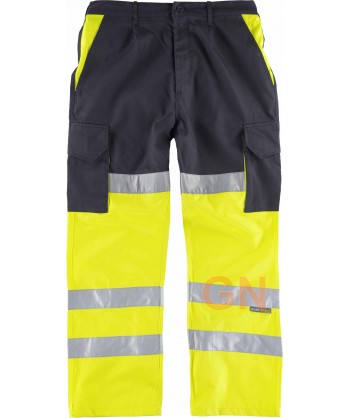 Pantalón bicolor multibolsillos, con refuerzos y alta visibilidad color amarillo flúor y marino