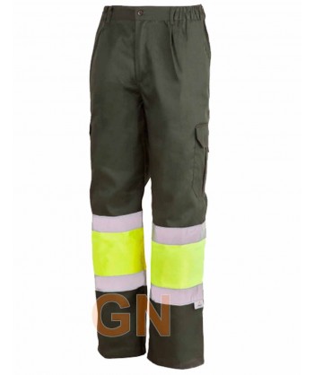 Pantalón  forrado multibolsillos bicolor verde oscuro amarillo alta visibilidad