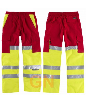 Pantalón bicolor con refuerzos en alta visibilidad rojo/amarillo flúor