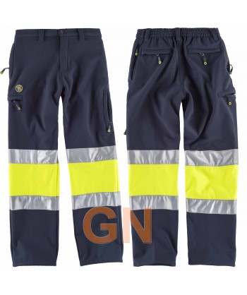 Pantalón softshell multibolsillos bicolor  alta visibilidad amarillo flúor y marino