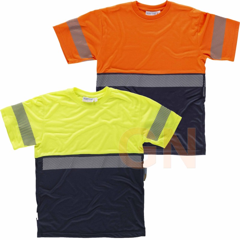 Camiseta bicolor de alta visibilidad con cintas reflectantes segmentadas color amarillo flúor y marino