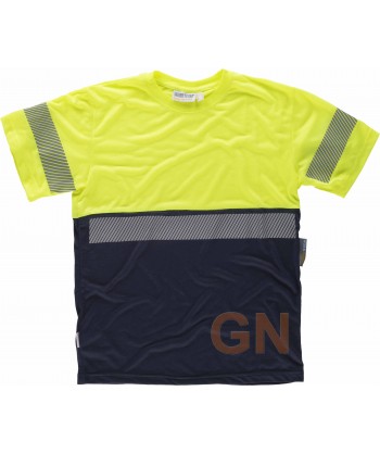 Camiseta bicolor de alta visibilidad con cintas reflectantes segmentadas color amarillo flúor y marino