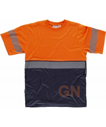 Camiseta bicolor de alta visibilidad con cintas reflectantes segmentadas color naranja flúor y marino