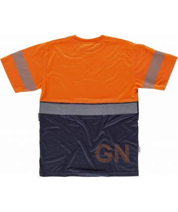 Camiseta bicolor de alta visibilidad con cintas reflectantes segmentadas color naranja flúor y marino