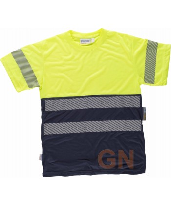 Camiseta técnica bicolor alta visibilidad  con cintas segmentadas color amarillo flúor y marino