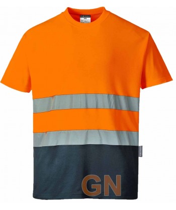 Camiseta bicapa bicolor alta visibilidad manga corta naranja A.V./marino