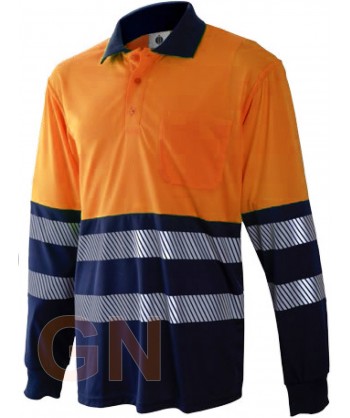Polo bicolor, manga larga con cintas segmentadas naranja A.V./marino