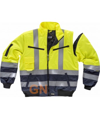 Cazadora bicolor desmontable e impermeable en alta visibilidad marino/amarillo flúor
