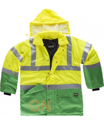 Parka alta visibilidad bicolor acolchada e impermeable amarillo A.V./verde