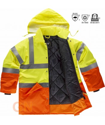 Parka bicolor acolchada homologada en alta visibilidad amarillo A.V./naranja A.V.