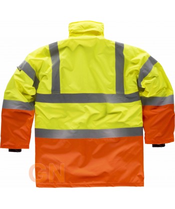 Parka bicolor acolchada homologada en alta visibilidad amarillo A.V./naranja A.V.