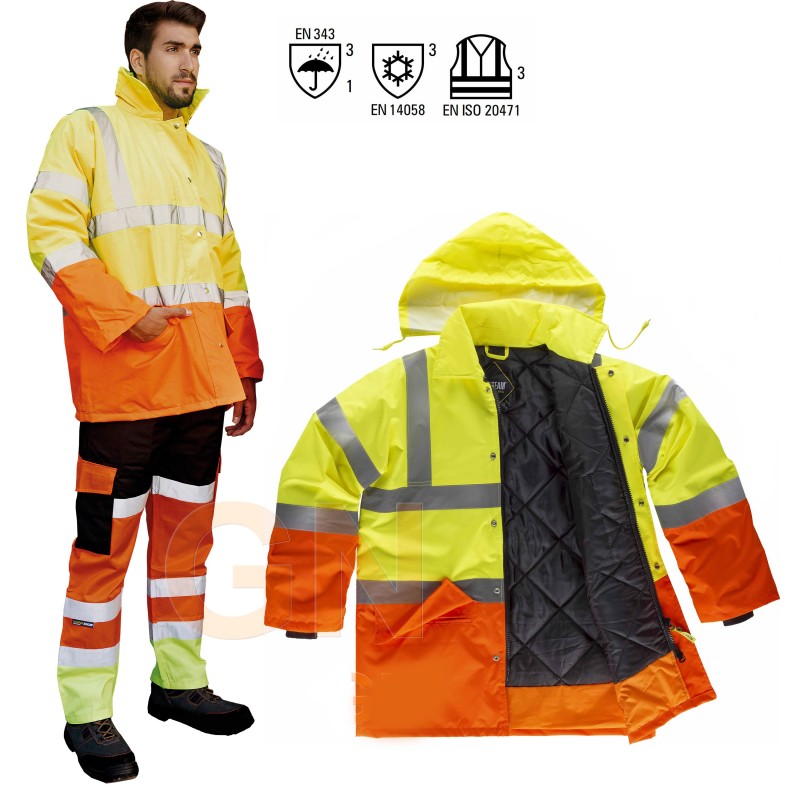 Parka bicolor acolchada homologada en alta visibilidad amarillo A.V./naranja A.V.