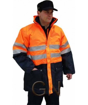 Parka bicolor alta visibilidad triple uso, desmontable color naranja flúor/marino