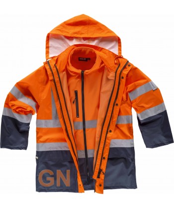 Parka alta visibilidad bicolor, desmontable naranja flúor y marino