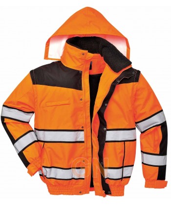 Cazadora piloto bicolor negro/naranja alta visibilidad con forro y mangas desmontables