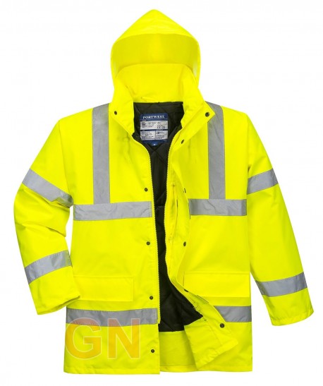 Parka acolchada e impermeable monocolor amarilla alta visibilidad altamente transpirable