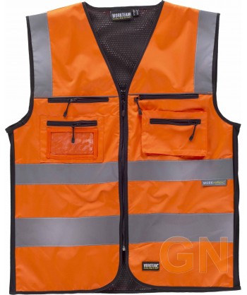 Chaleco softshell bicolor y multibolsillos en alta visibilidad