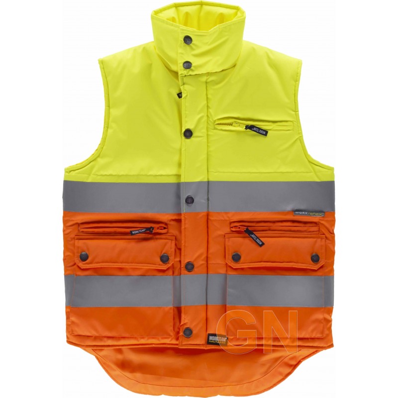 Chaleco acolchado bicolor alta visibilidad en naranja y amarillo flúor