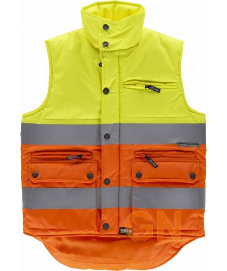 Chaleco acolchado bicolor alta visibilidad en naranja y amarillo flúor