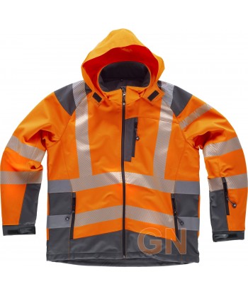 Parka ligera de softshell en alta visibilidad color naranja flúor y gris con cintas segmentadas