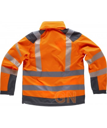 Parka ligera de softshell en alta visibilidad color naranja flúor y gris con cintas segmentadas