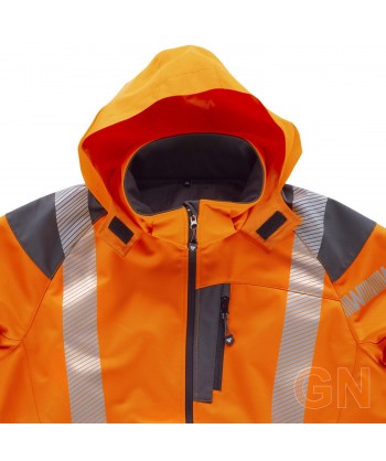 Parka ligera de softshell en alta visibilidad color naranja flúor y gris con cintas segmentadas