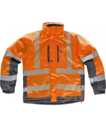 Parka acolchada e impermeable en alta visibilidad color naranja flúor y gris con cintas segmentadas
